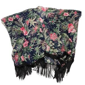 Do Everything in Love Tropical Floral Boho Sheer Fringe Hem Kimono Cardigan OSFM